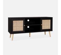 Alice's Garden Sweeek. 120Cm Tv Unit Wooden And Cane Effect 2 Doors Boheme Black 120X39X56.5 Cm