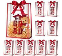 Aliceset 12 Pcs Class of 2026 Clear Graduation Gift Bags with Die Cut Handles 2026 Grad Plastic Gifts Wrapping Bag with Ribbon for College High School Party Decorations, 7x10x3.15 Inch(Red)