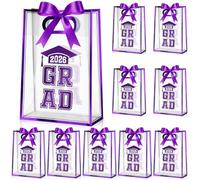 Aliceset 12 Pcs Class of 2026 Clear Graduation Gift Bags with Die Cut Handles 2026 Grad Plastic Gifts Wrapping Bag with Ribbon for College High School Party Decorations, 7x10x3.15 Inch(Purple)
