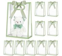 Aliceset 12 Pcs Clear Plastic Gift Bag with Die Cut Handles Reusable PP Favor Bag with Ribbon for Christmas Wedding Bridal Birthday Baby Shower Party Small Business, 7x10x3.15 Inch(Sage Green)