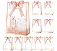 Aliceset 12 Pcs Clear Plastic Gift Bag with Die Cut Handles Reusable PP Favor Bag with Ribbon for Wedding Bridal Birthday Baby Shower Party Small Business, 7x10x3.15 Inch(Rose Gold)