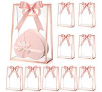 Aliceset 12 Pcs Clear Plastic Gift Bag with Die Cut Handles Reusable PP Flower Bag with Ribbon for Fall Wedding Bridal Birthday Baby Shower Party Small Business, 7x10x3.15 Inch(Rose Gold)