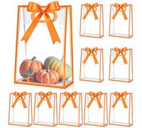 Aliceset 12 Pcs Clear Plastic Gift Bag with Die Cut Handles Reusable PP Flower Bag with Ribbon for Wedding Bridal Birthday Baby Shower Party Small Business, 7x10x3.15 Inch(Orange)