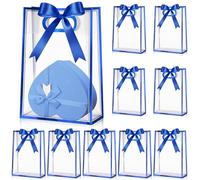 Aliceset 12 Pcs Clear Plastic Gift Bag with Die Cut Handles Reusable PP Flower Bag with Ribbon for Wedding Bridal Birthday Baby Shower Party Small Business, 7x10x3.15 Inch(Royal Blue)