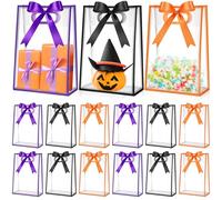 Aliceset 12 Pcs Clear Plastic Gift Bag with Die Cut Handles Reusable PP Flower Bag with Ribbon for Wedding Bridal Birthday Baby Shower Party Small Business, 7x10x3.15 Inch(Purple, Orange, Black)