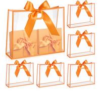 Aliceset 12 Pcs Clear Plastic Gift Bags with Die Cut Handles Reusable Flower Gift Wrapping Bag with Ribbon for Wedding Bridal Shower Baby Shower Birthday Party Business, 12 x 10 x 5''(Orange)