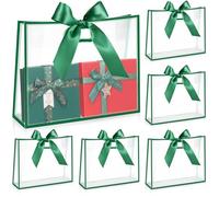 Aliceset 12 Pcs Clear Plastic Gift Bags with Die Cut Handles Reusable Flower Gift Wrapping Bag with Ribbon for Wedding Bridal Shower Baby Shower Birthday Party Business, 12 x 10 x 5'' (Green)