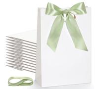 Aliceset 12 Pcs Thank You Bridesmaid Gift Bags with Die Cut Handles 10 x 7 x 3. 15'' Welcome Bags Return Gifts with Bow Ribbon for Bridal Baby Shower Birthday Wedding Housewarming(White,Sage Green)