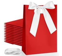 Aliceset 12 Pcs Thank You Bridesmaid Gift Bags with Die Cut Handles 10 x 7 x 3.15'' Welcome Bags with Bow Ribbon for Bridal Baby Shower Birthday Wedding Housewarming Christmas(Red, White)