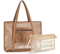 Aliceset 2 Pack Crochet Mesh Beach Tote Bag with Letter Patch Pocket Summer Beach Tote Bohemian Straw Transparent Bag, Khaki, 13.78 x 15.75 x 7.09 inches