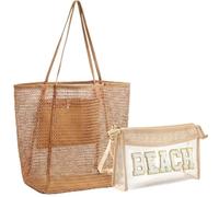 Aliceset 2 Pack Crochet Mesh Beach Tote Bag with Letter Patch Pocket Summer Beach Tote Bohemian Straw Transparent Bag, Khaki, 14 x 16 Inches