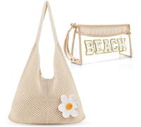 Aliceset 2 Pack Crochet Mesh Beach Tote Bag with Letter Patch Pocket Summer Beach Tote Bohemian Straw Transparent Bag, Beige, 19 x 18.5 Inches