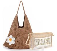 Aliceset 2 Pack Crochet Mesh Beach Tote Bag with Letter Patch Pocket Summer Beach Tote Bohemian Straw Transparent Bag, Khaki, 19 x 18.5 Inches