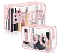 Aliceset 2 Pcs Bride Makeup Cosmetic Bag Clear Bridal Shower Gifts Waterproof Engagement Bachelorette Accessories Bling Pearl Rhinestone Letter Patches PVC Travel Organizer for Wedding Party, Pink