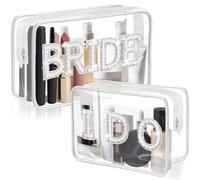 Aliceset 2 Pcs Bride Makeup Cosmetic Bag Clear Bridal Shower Gifts Waterproof Engagement Bachelorette Accessories Bling Pearl Rhinestone Letter Patches PVC Travel Organizer for Wedding Party Honeymoon
