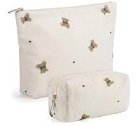 Aliceset 2 Pcs Floral Makeup Bag Cosmetic Pouch Large Travel Toiletry Bag with Embroidery Flower Design Aesthetic Cotton Canvas Zipper Organizer for Women Gift Beauty Essentials, multicolor, Corduroy