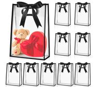 Aliceset 24 Pcs Clear Plastic Gift Bag with Die Cut Handles Reusable PP Favor Bag with Ribbon for Wedding Bridal Birthday Baby Shower Party Small Business, 7x10x3.15 Inch(Black)