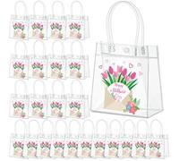 Aliceset 24 Pcs Happy Mother's Day Clear Gift Bags Transparent Plastic Tote Bags with Handles Reusable PVC Goodie Handbags for Mom Women Appreciation Gifts Spring Party Favors, 9.84"x 9.84"x 3.14"