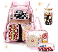 Aliceset 4pcs Clear Backpack Set Clear Backpack Lunch Bag Pencil Case and Glass Bottle for Gift (Pink)