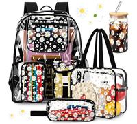 Aliceset 4pcs Clear Kids School Backpack Set Clear Backpack Lunch Bag Pencil Case and Glass Bottle for Student Gift(Black)