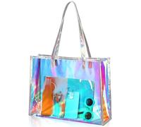 Aliceset Holographic Clear Tote Bag with Leather Handle Iridescent Bachelorette Beach Bag for Work Stadium Travel, Iridescent, about 15 x 11 x 4.3 inches/ 28 x 11 x 38 cm, Casual Iridescent Tote