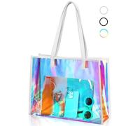 Aliceset Holographic Clear Tote Bag with Leather Handle Iridescent Bachelorette Beach Bag for Work Stadium Travel, White, 15 x 11 x 4.3 inches/ 28 x 11 x 38 cm