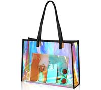 Aliceset Large Holographic Clear Tote Bags with Leather Handles Iridescent PVC Beach Bags for Work Stadium Travel, Black, 15 x 11 x 4.3 inches/ 28 x 11 x 38 cm