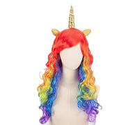 Alide Unicorn Wigs for Women, Long Curly Rainbow Wig with Horn and Ears, Colored Cosplay Wig Fancy Dress Birthday Party Hair Accessories