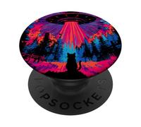 Alien Abduction Cat UFO Vaporwave Art Gift PopSockets Adhesive PopGrip