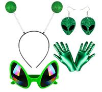 Alien Accessories Headband & Rainbow Lens Glasses Gloves Necklace Earring, Green, One Size