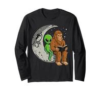 Alien And Bigfoot Reading On The Moon For Kids And Youth Long Sleeve T-Shirt