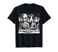 Alien And Cat Eating Pizza Aliens Believer Cats Lover Funny T-Shirt