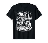 Alien And Cat Eating Pizza Aliens Believer Cats Lover Funny T-Shirt