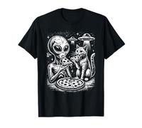 Alien And Cat Eating Pizza Aliens Believer Cats Lover Funny T-Shirt