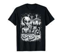Alien And Cat Eating Pizza Aliens Believer Cats Lover Funny T-Shirt