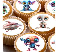 Alien and UFO Themed Pre-cut Edible Wafer Cupcake Toppers, Space Characters Design, Round Cake Decorations x 24