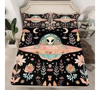 Alien Black Fitted Sheet Set with 2 Pillowcase,Outer Space Spaceship Starry Moon Microfiber Mattress Cover,Pink Mushroom Nature Botanical Flowers Plants Bed Cover Queen Size