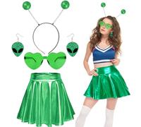 Alien Costume Accessories Set, Alien Fancy Dress Kit with Metallic Skirt, Antenna Headband, Aliens Earrings, Heart Glasses Aliens Cosplay Outfit for Adults Girls Halloween Cosplay Dress up Party