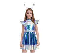Alien Costume Kids Girls - Alien Antenna Headband Silver and Blue Dress Metallic Skirt Holographic Glitter for Space Theme Halloween Carnaval Girls Fancy Dress up Astronaut Space Adventure Outfit