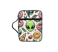 Alien-Donut-Pizza Bible Cover Case with Handle, Water-Resistant Oxford Fabric Bible Bag Organizer with Zipper Pockets for Church
