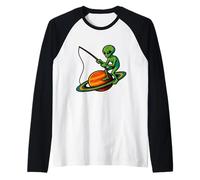 Alien Fishing on Saturn Planet Raglan Baseball Tee