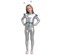 Alien Girl Costume Silver with Headband, Halloween Child Fancy Jumpsuit, Halloween Alien Dress Up Costumes Outfits Shiny Jumpsuit Headband Party Festival Set Costumes for Kids