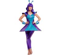 Smiffys Alien Lady Costume, Multi-Coloured with Dress, Leggings, Wristcuffs & Headband, Halloween Space Fancy Dress, Alien Dress Up Costumes