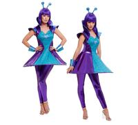 Smiffys Alien Lady Costume, Multi-Coloured with Dress, Leggings, Wristcuffs & Headband, Halloween Space Fancy Dress, Alien Dress Up Costumes