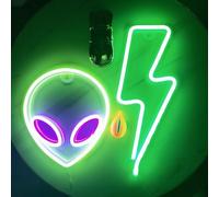 Alien Lightning Bolt Neon Signs for Kids Boy Bedroom Game Room Wall Decor,Hanging Anime Neon Light Wall Art Alien Lightning Lamp for Man Cave Stuff,Birthday Party(Green Purple Alien+Lightning)