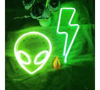 Alien Lightning Bolt Neon Signs for Kids Boy Bedroom Game Room Wall Decor,Hanging Anime Neon Light Wall Art Alien Lightning Lamp for Man Cave Stuff,Birthday Party(Green Alien+ Green Lightning)