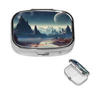 Alien Planet Pill Box 2 Compartment Square Portable Pill Case for Pocket or Purse Pill Holder Weekly Pill Organizer Decorative Metal Medicine Vitamin Organizer Travel Gift