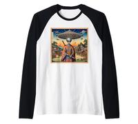 Alien Samurai Warrior Invasion Flying Saucers Raglan Baseball Tee