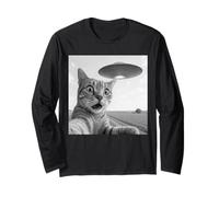 Alien Saucer Cat Selfie Shock Close Up Night Sky Scene Panic Long Sleeve T-Shirt