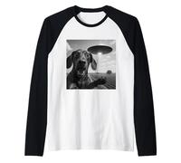 Alien Saucer Dachshund Selfie Shock Close Up Sky Scene Panic Raglan Baseball Tee